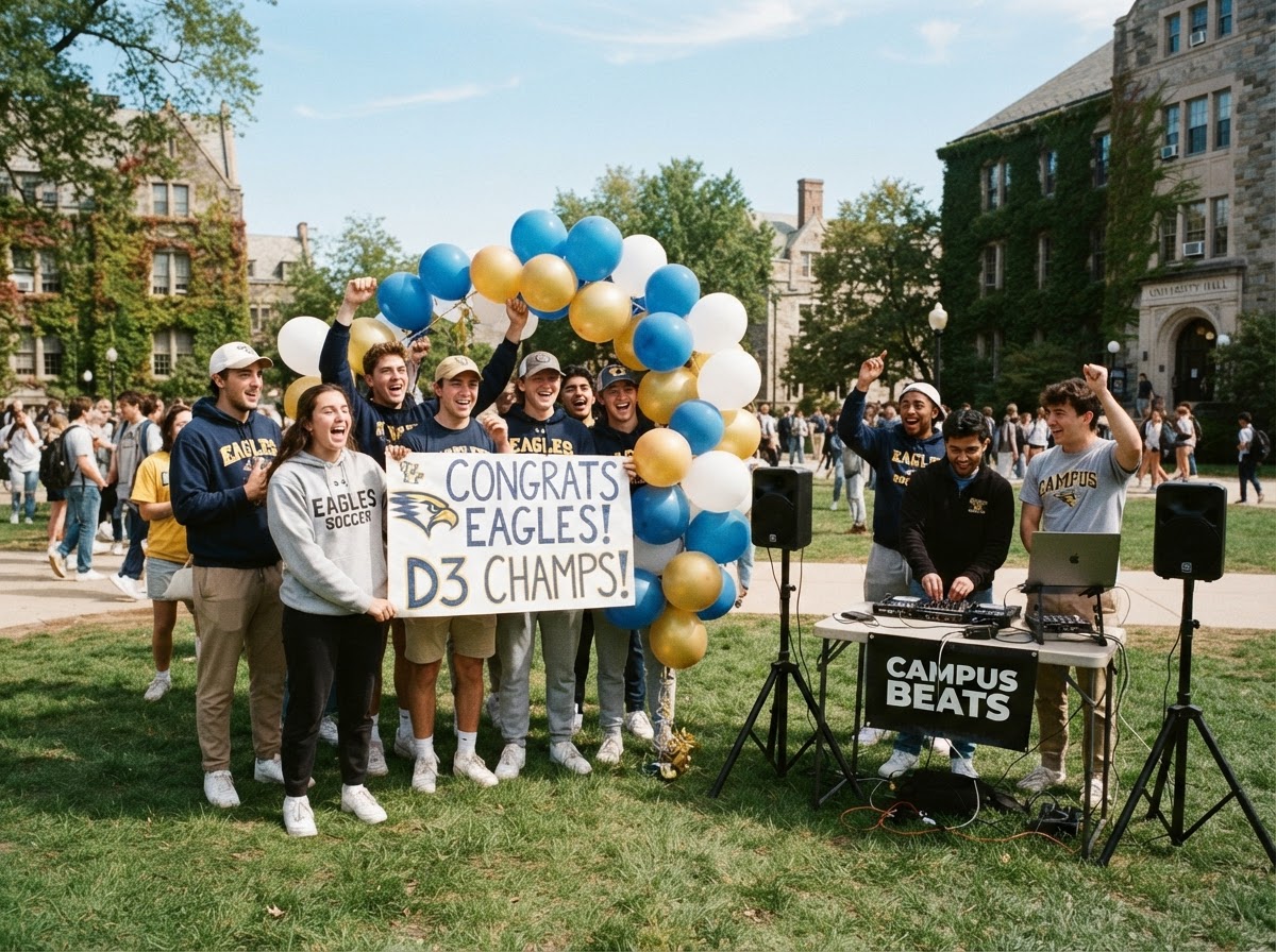 Small daytime college sports celebration on a sunny campus quad with a compact DJ booth, balloons, school banners and a modest cheering student crowd