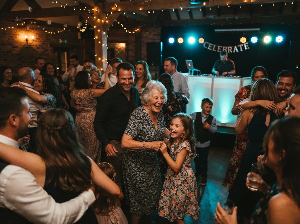 Warm event environment with guests of multiple generations celebrating