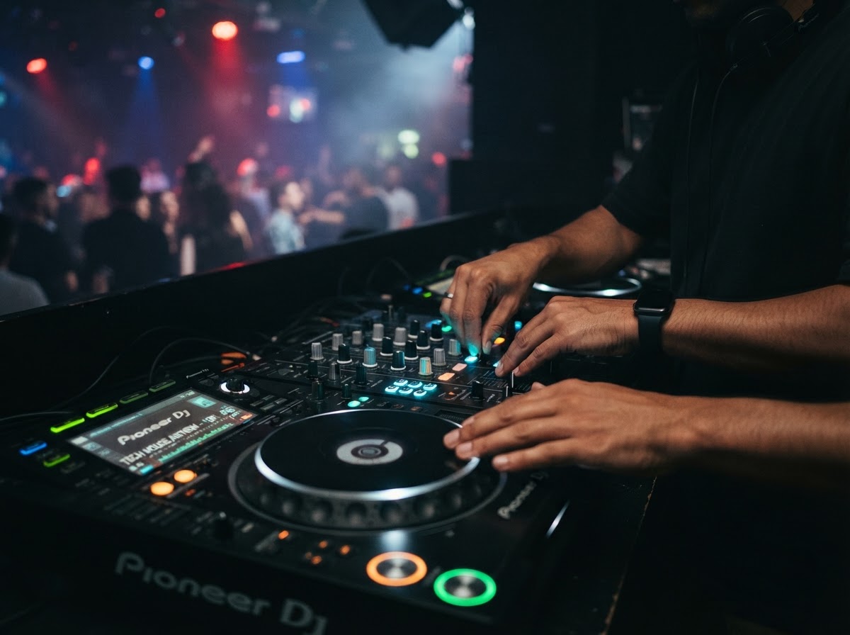 Close-up of DJ Noah C's hands on a mixer and turntable controls