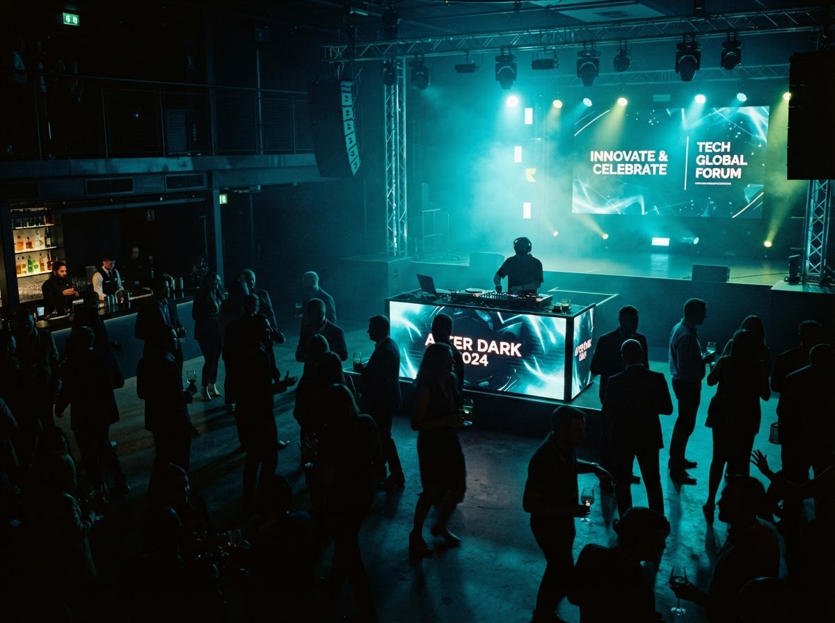 Polished corporate event with elegant lighting and a DJ setup