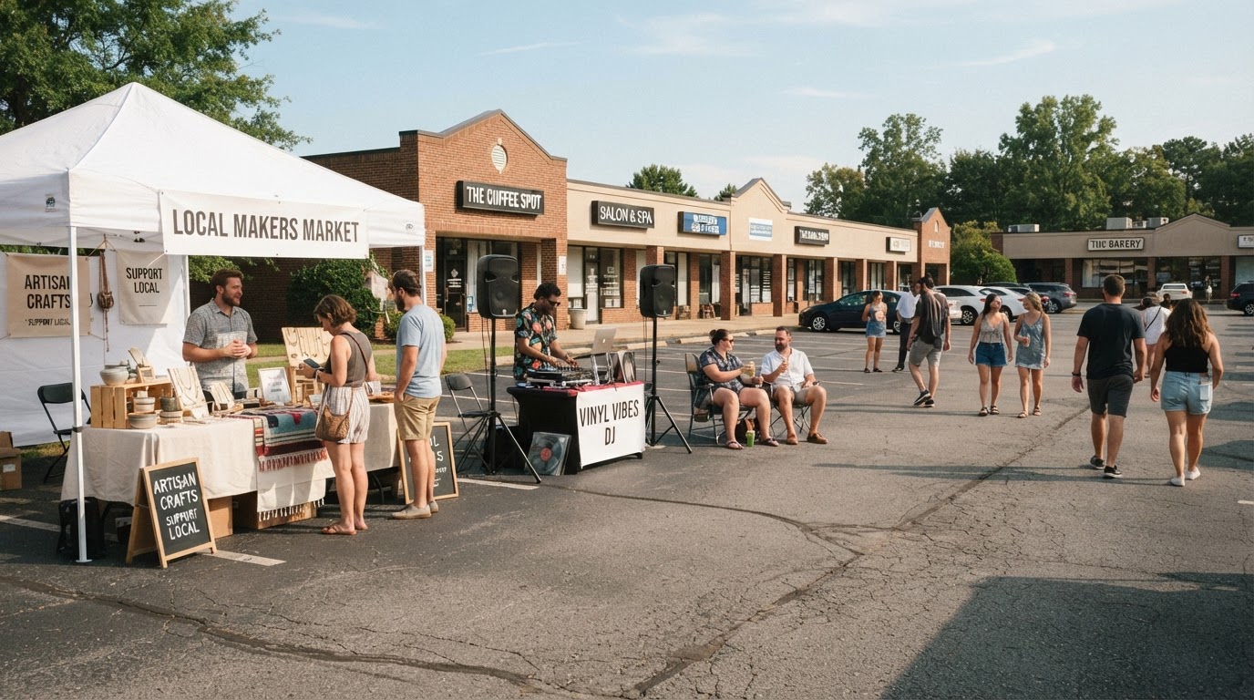 Small daytime pop-up in a business park parking lot with a single vendor tent and compact DJ booth, small shops lining the background, a few people browsing on a sunny day