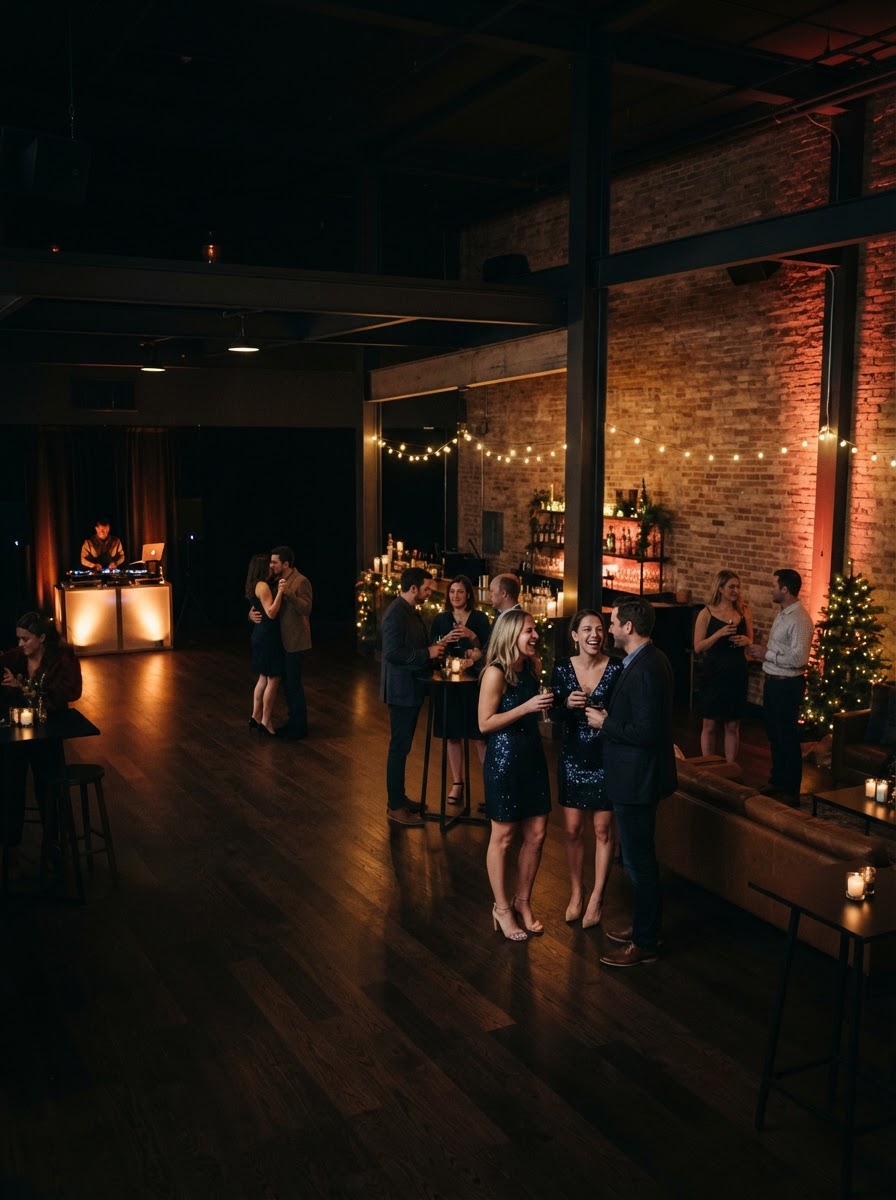 Intimate holiday party in a modern dark event space with a small group of guests, warm amber and red uplighting and DJ booth