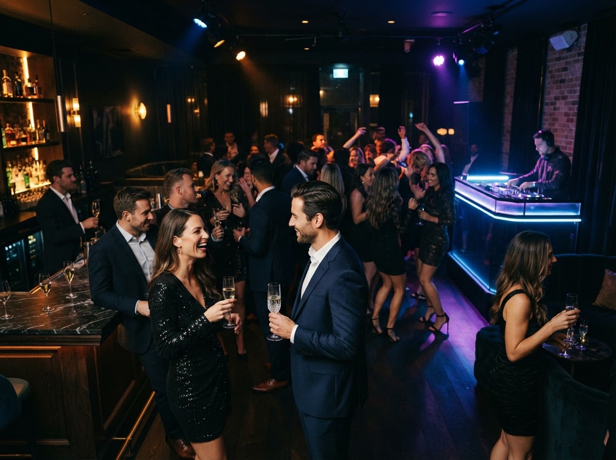 Warm private party with guests celebrating together under soft lighting