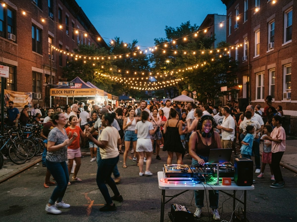 Community block party at dusk with a street DJ setup and warm string lights