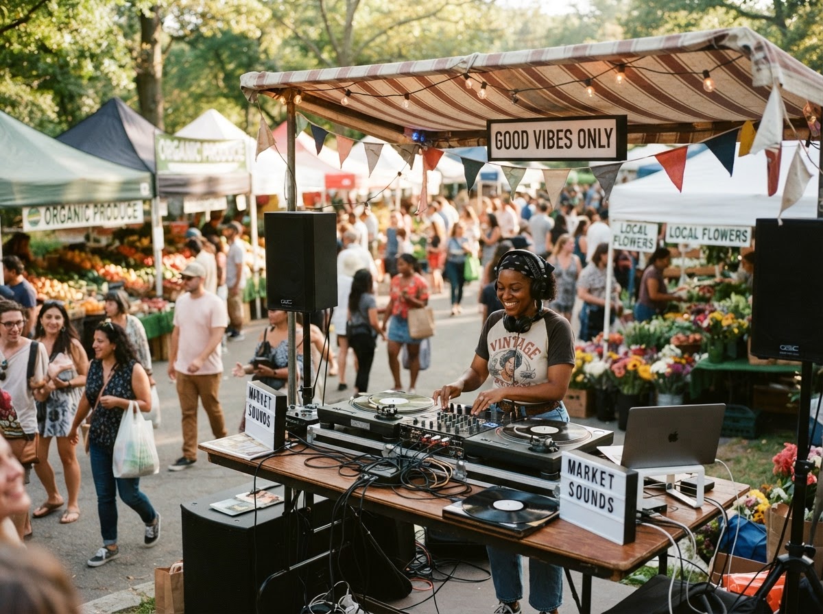 Outdoor farmers market pop-up with a DJ booth under a canopy