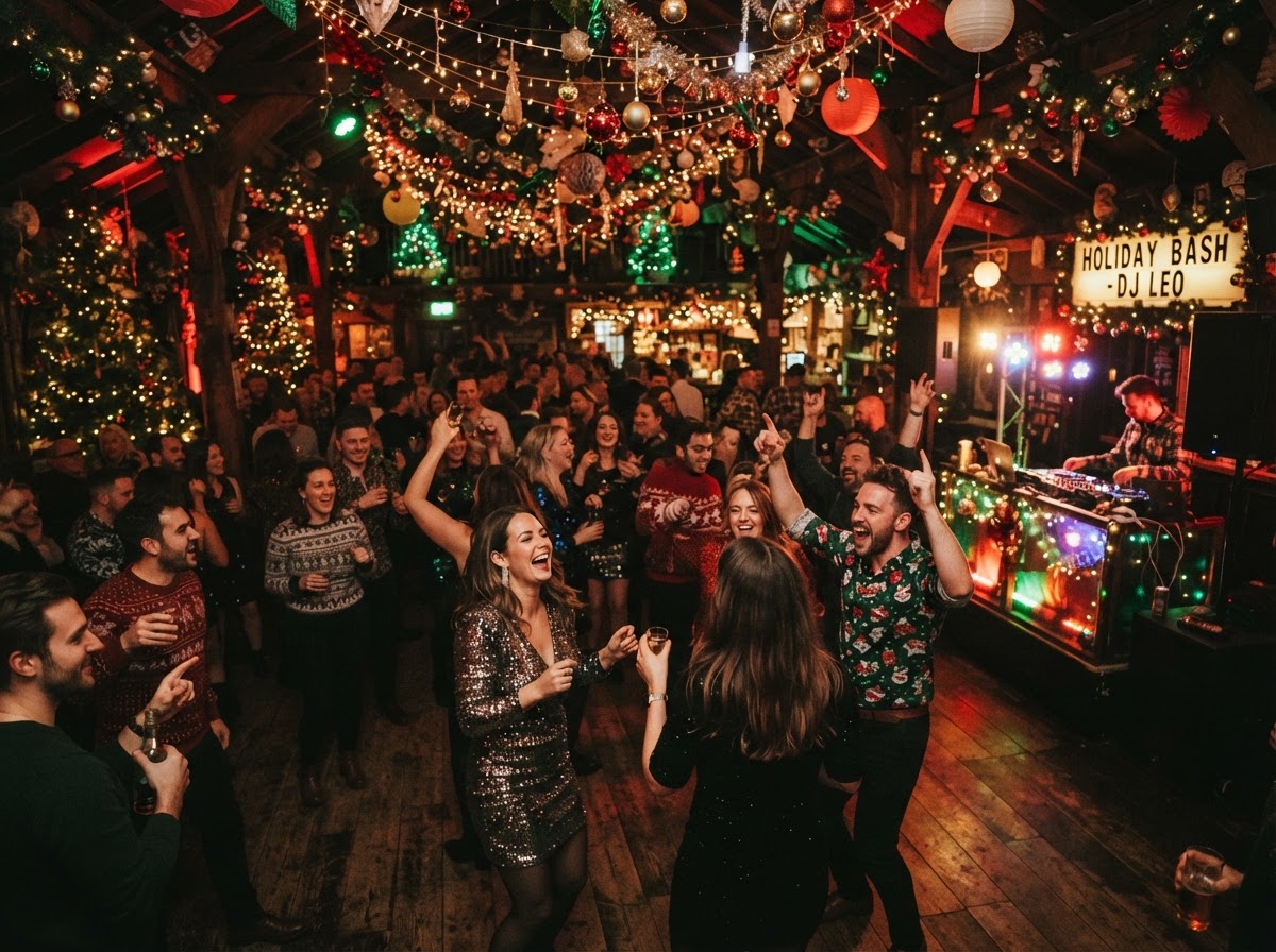 Holiday gathering with warm colored lighting and a dancing crowd