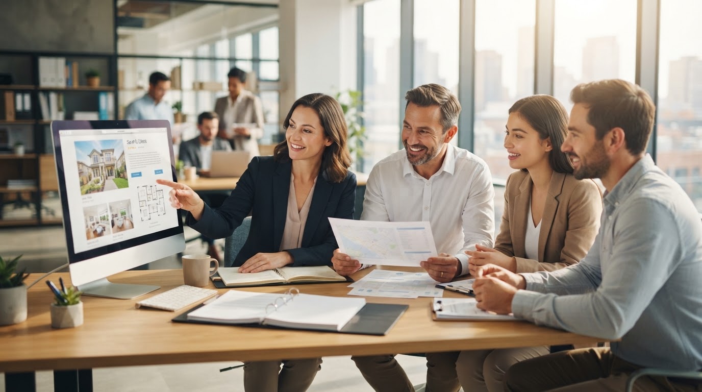 Real estate team reviewing property listings together in a modern office