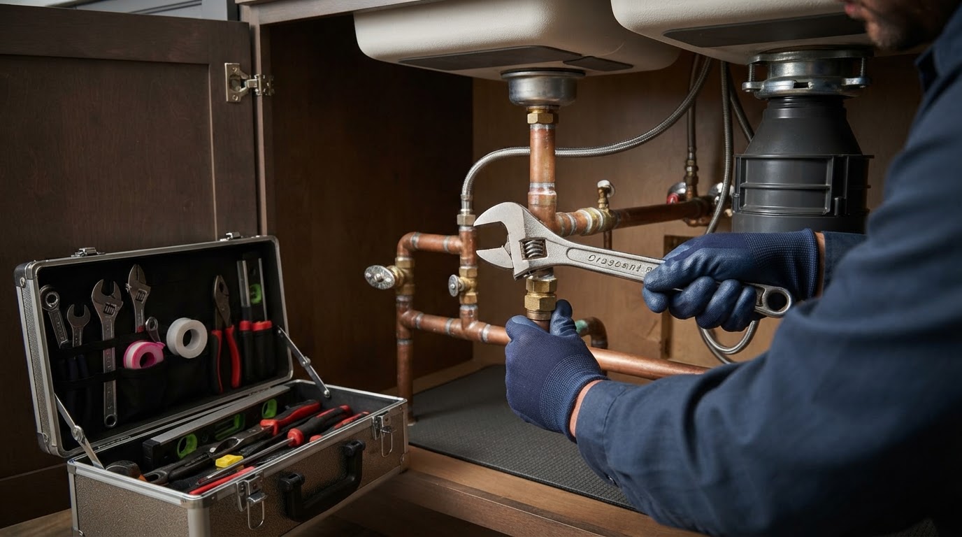 Close-up of plumbing tools and copper pipes under a sink