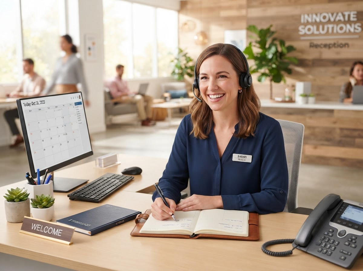 Friendly receptionist with headset scheduling at a bright desk