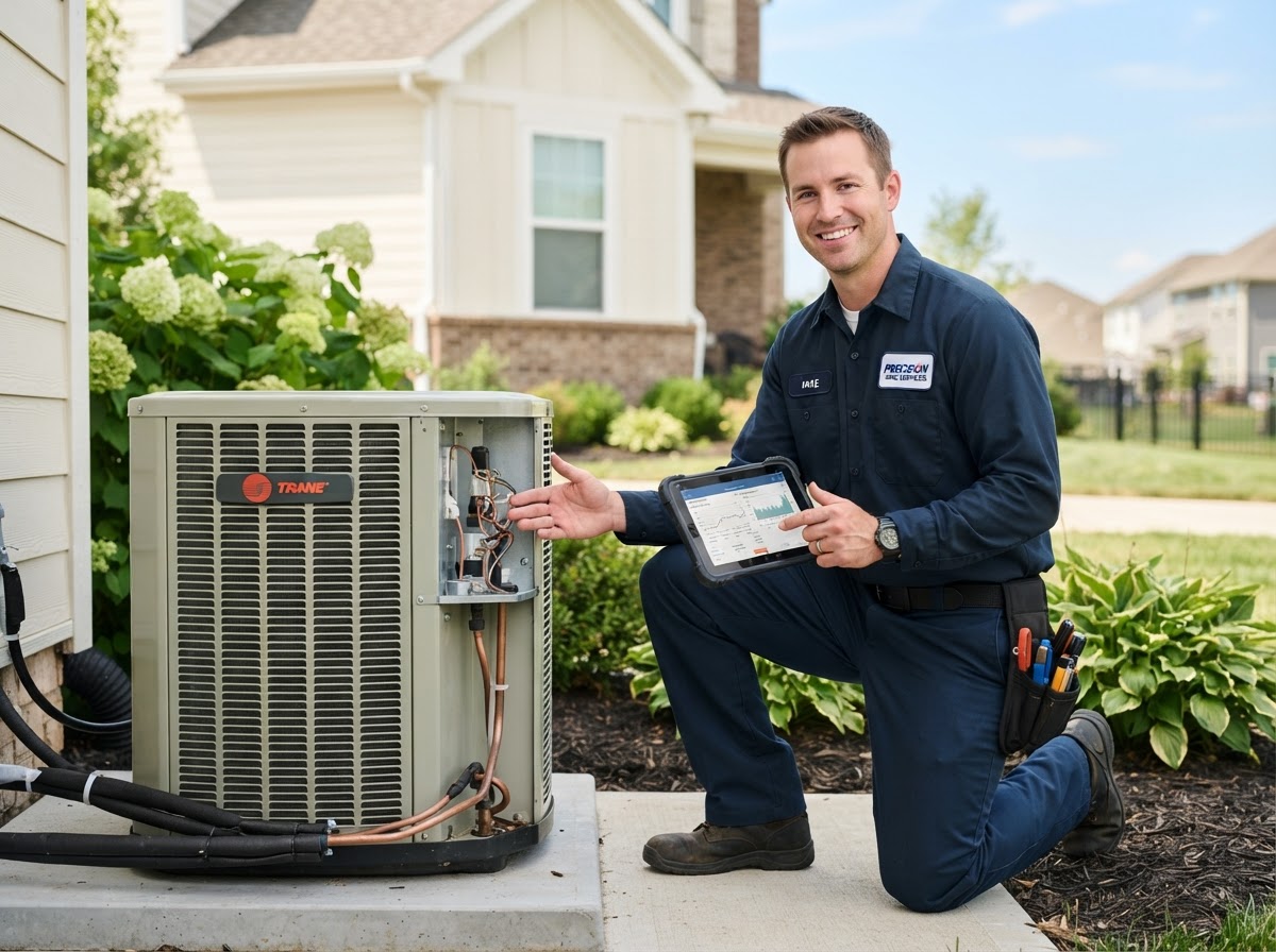 HVAC technician inspecting an outdoor air conditioning unit at a home