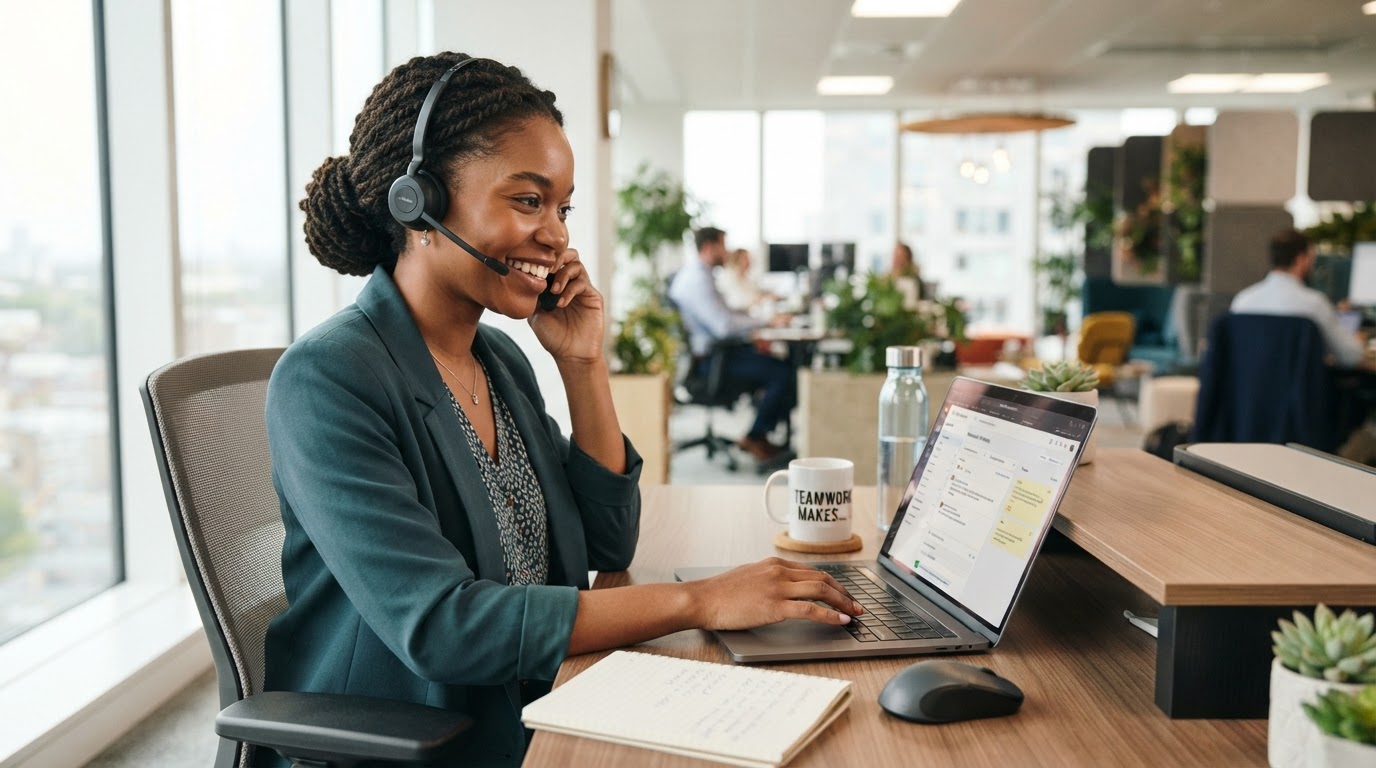 Customer service representative on a call taking notes at a modern desk