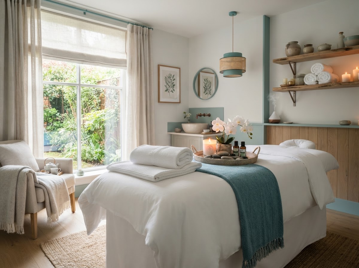 Calm relaxing spa treatment room with soft towels and candles