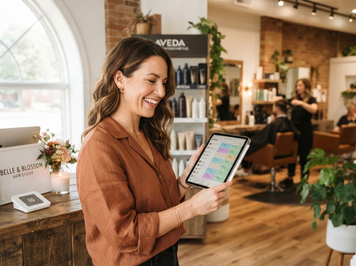 Salon owner reviewing an appointment schedule on a tablet