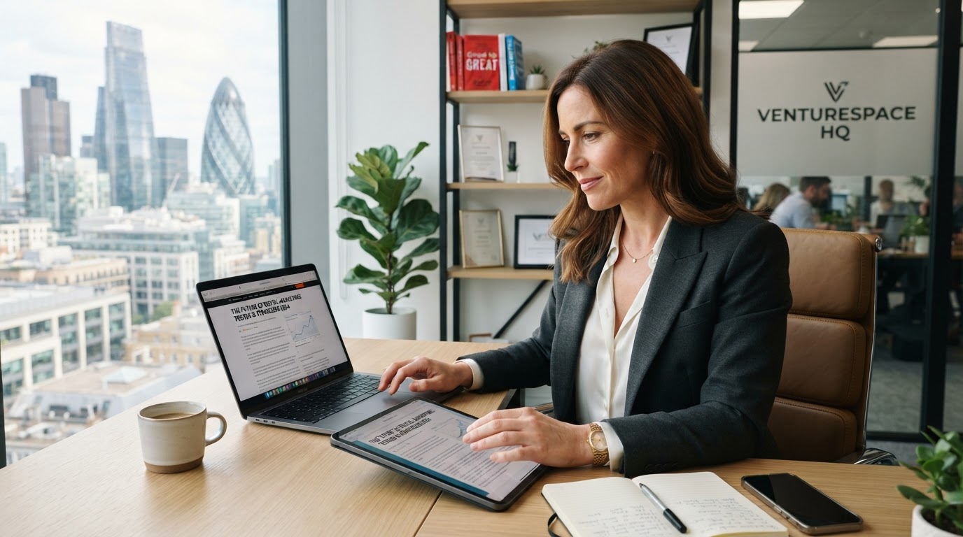 Business owner reading an article about Ginnie AI