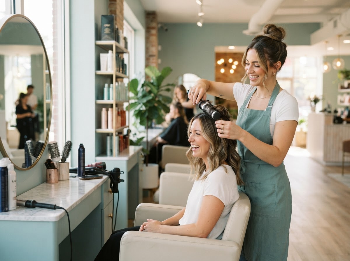 Hairstylist styling a client's hair in a bright modern salon