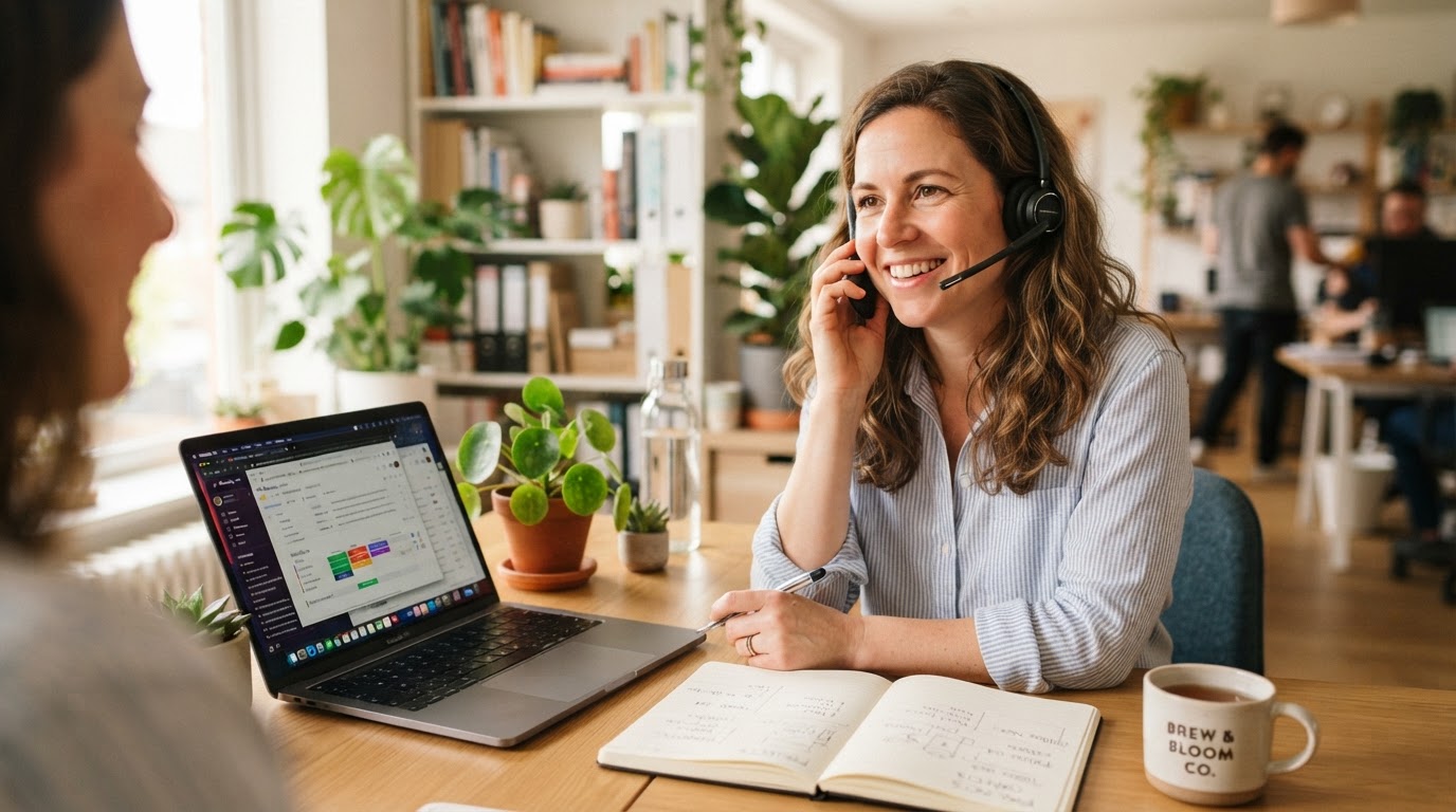 Small business owner wearing a headset taking a customer call