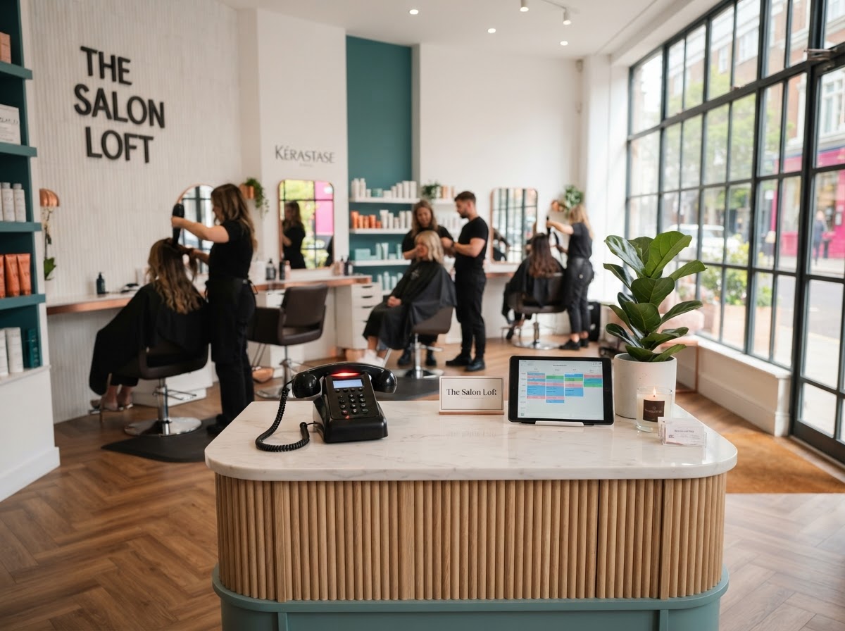 Busy salon front desk with a phone ringing while stylists are with clients
