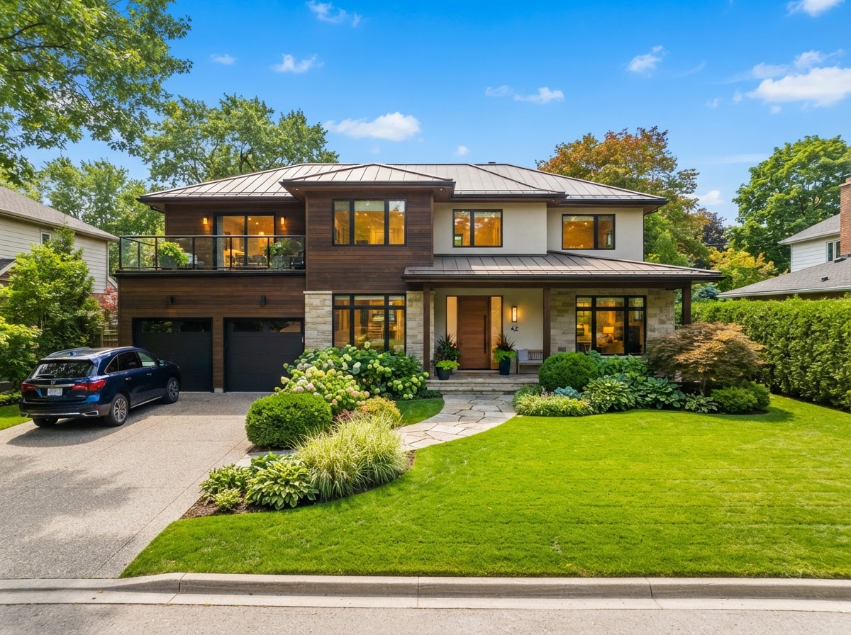 A modern single family home exterior with a manicured lawn