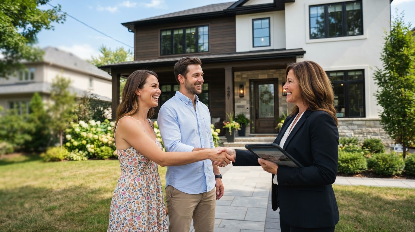 A happy couple meeting their real estate agent outside a home for sale