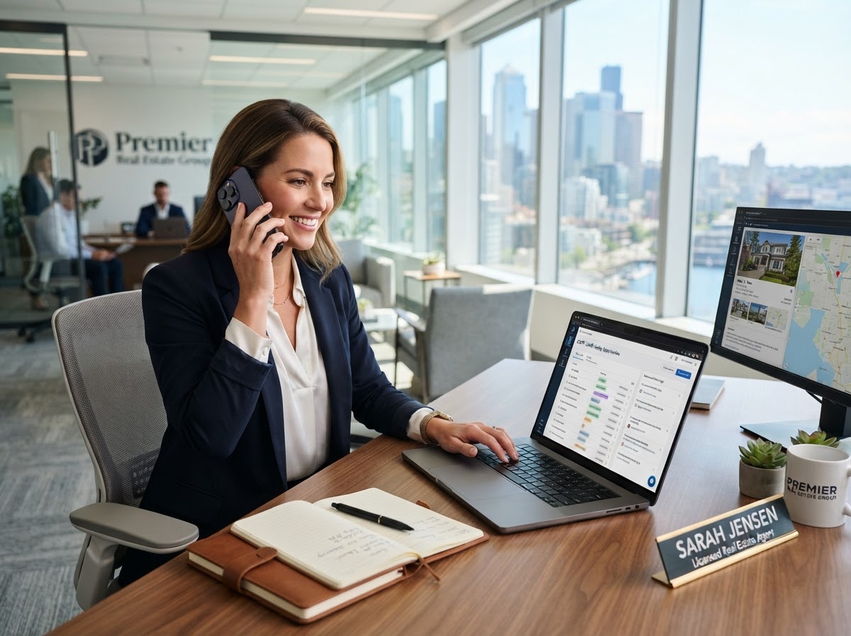 Real estate professional managing client leads and inquiries at an office desk