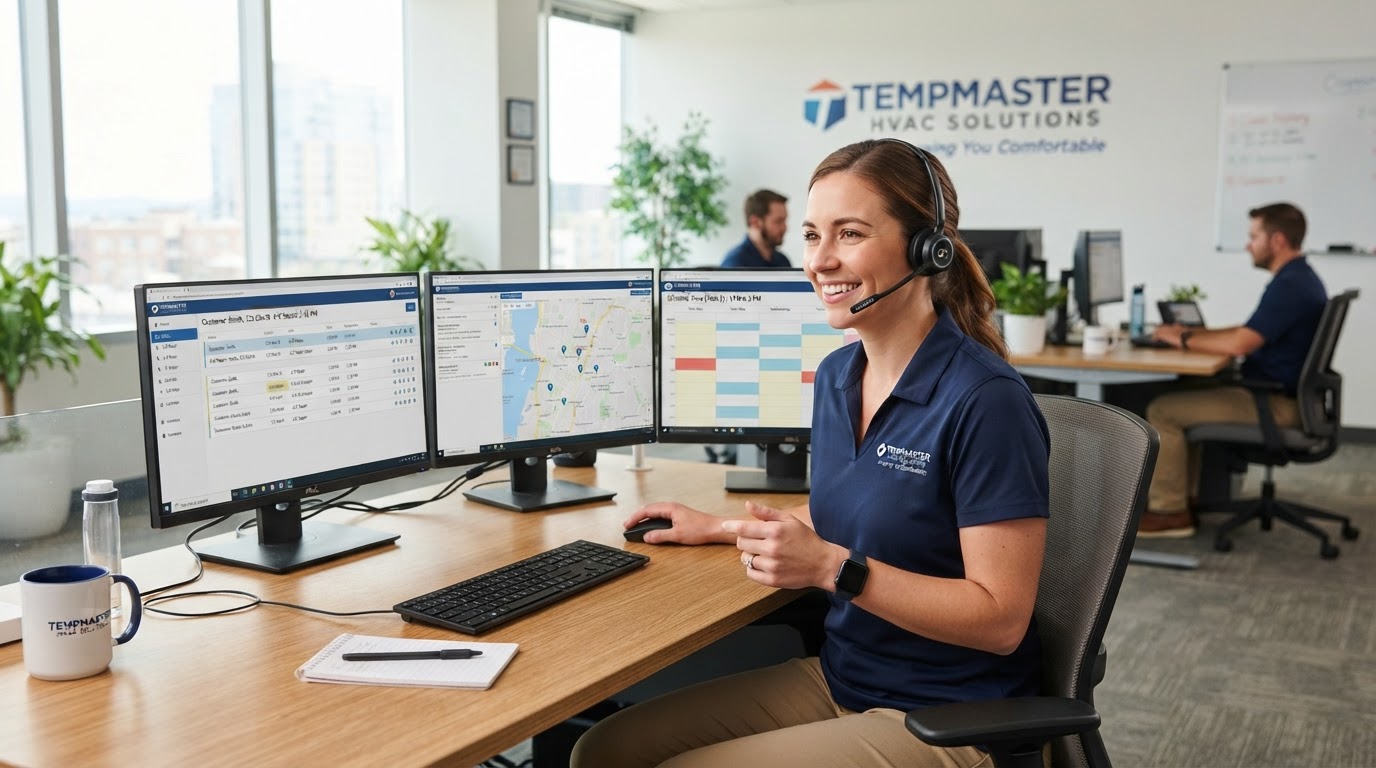 HVAC company office dispatcher managing customer calls and appointments