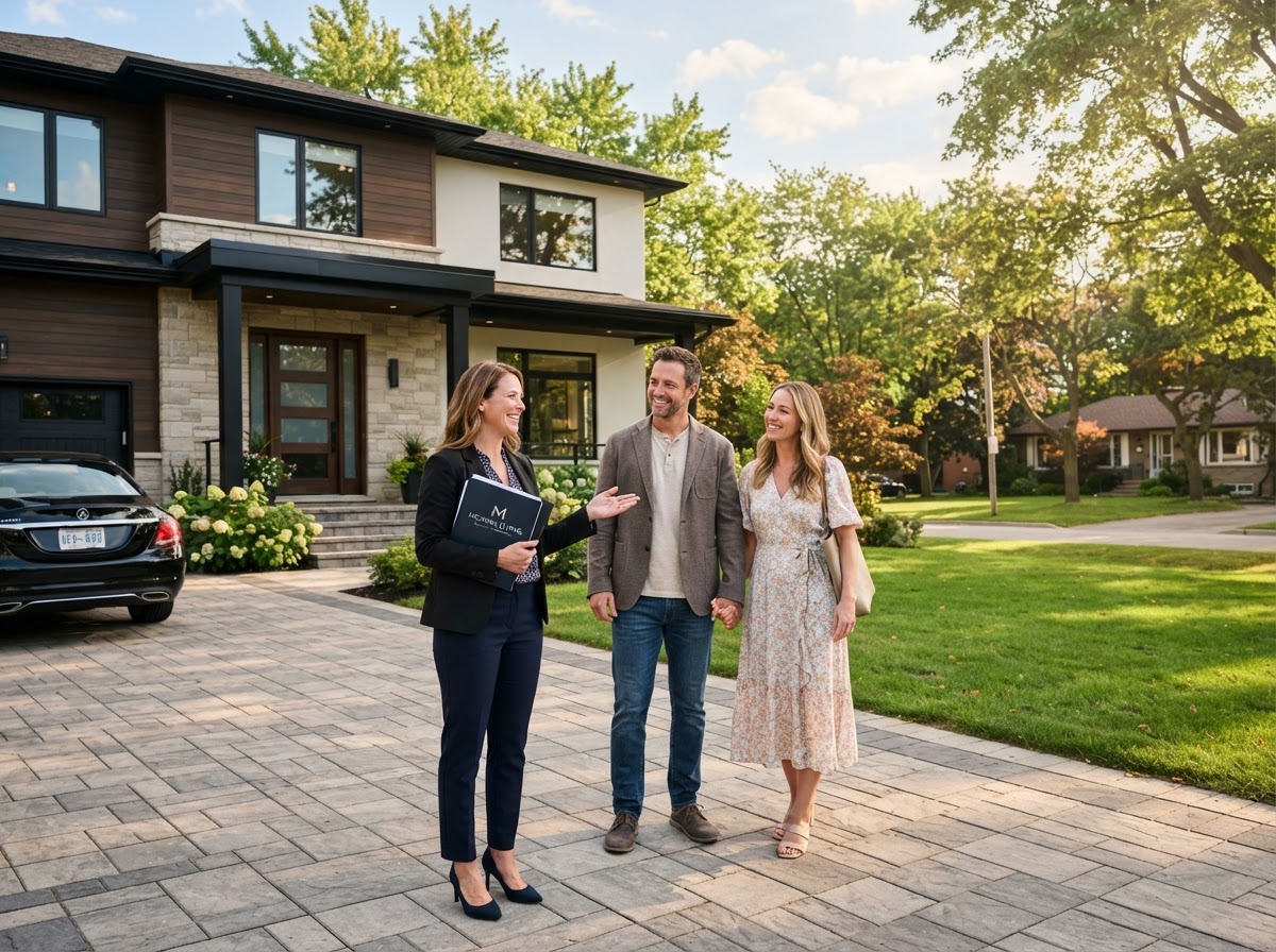 Real estate agent showing a home to buyers at the property