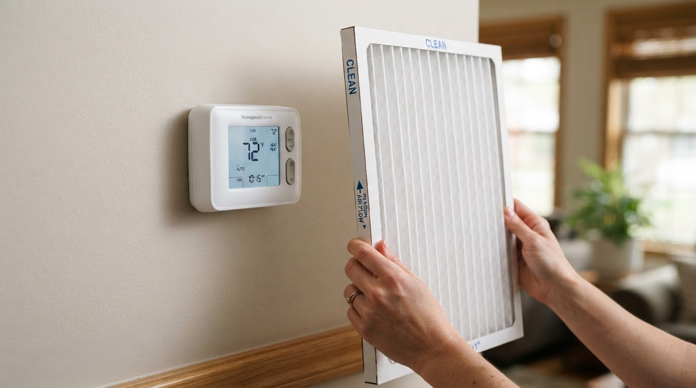 Close-up of a thermostat and a clean air filter