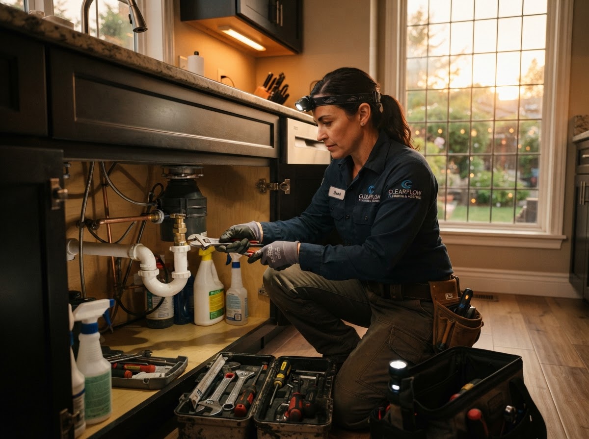 Professional plumber in uniform working under a kitchen sink with tools