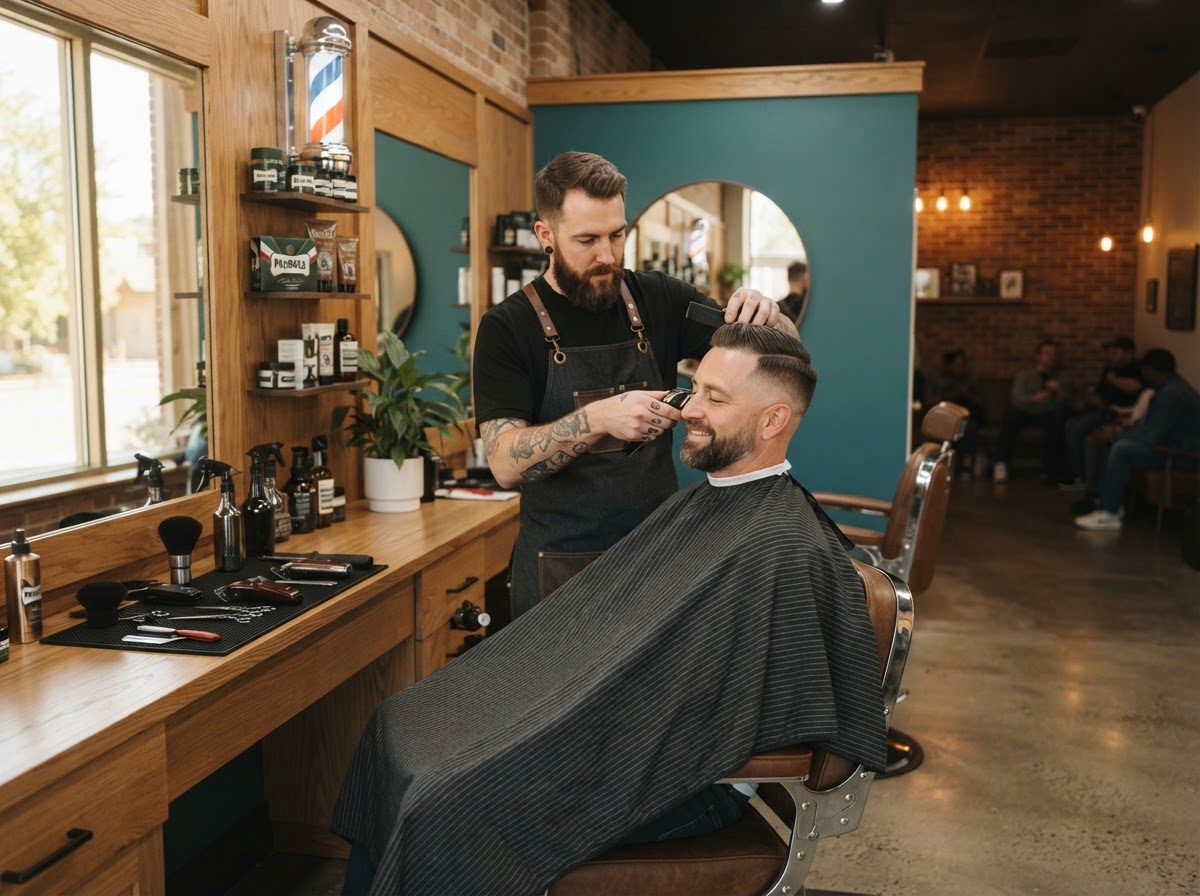 Barber giving a fresh haircut and beard trim in a modern barbershop