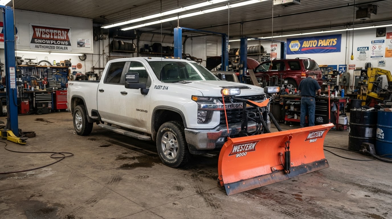 Snow plow truck parked inside a repair shop garage for winter equipment service