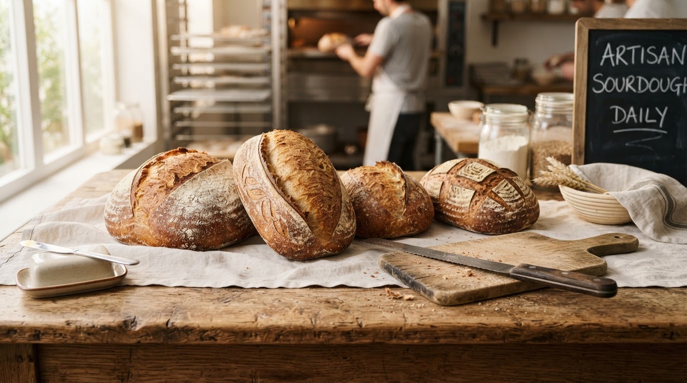 Freshly baked artisan sourdough loaves on a counter