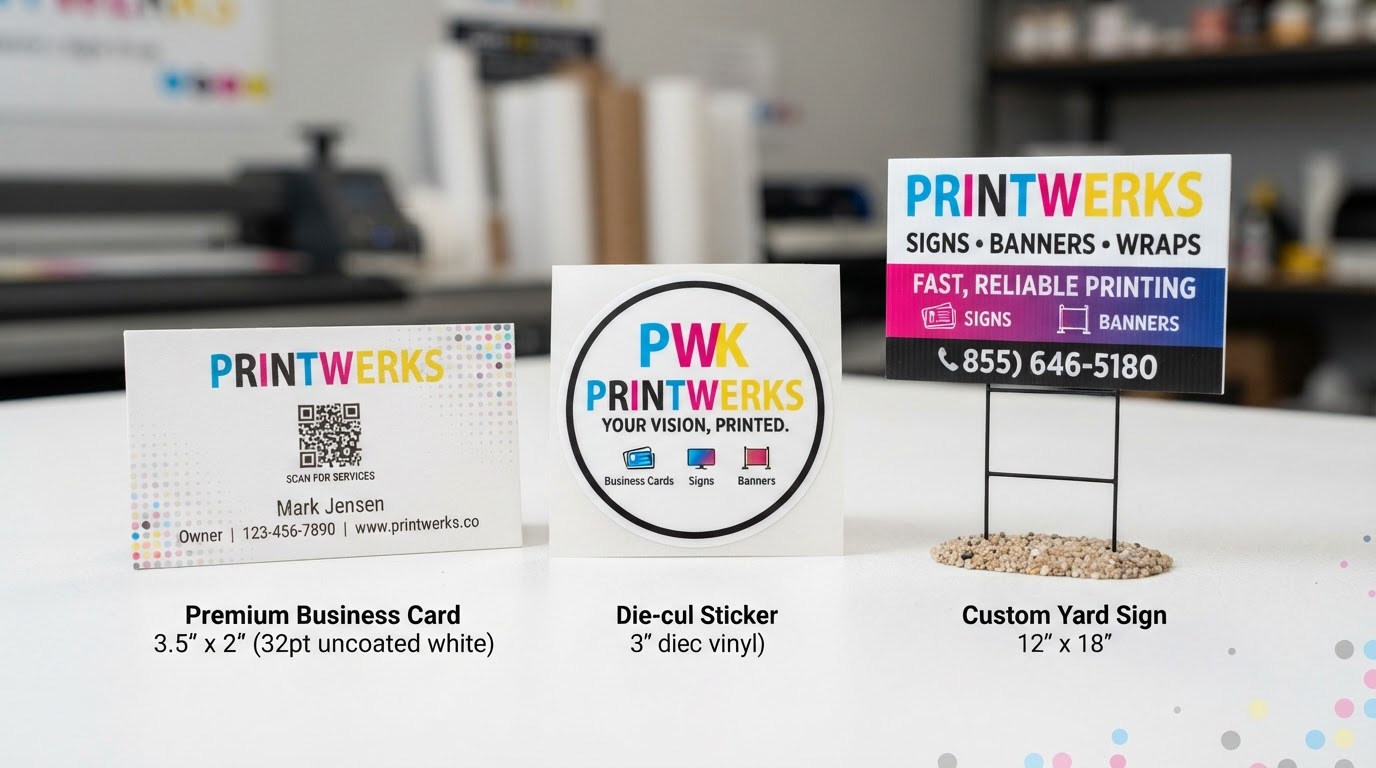 Printed business cards, QR cards and signs