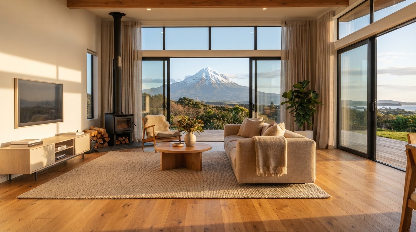 Premium European oak timber flooring in a bright New Zealand home