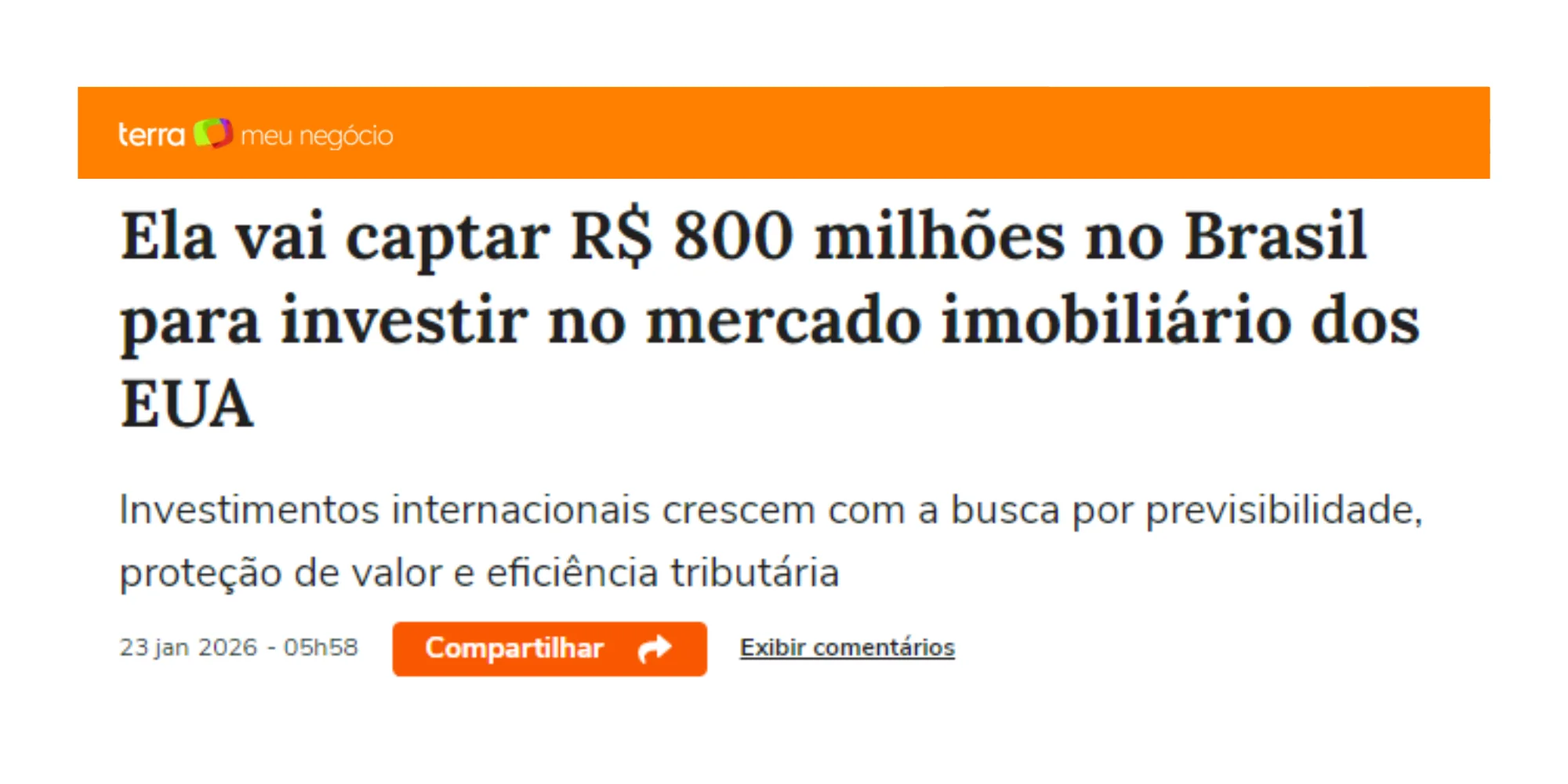 Ela vai captar R$ 800 milhões no Brasil para investir no mercado imobiliário dos EUA