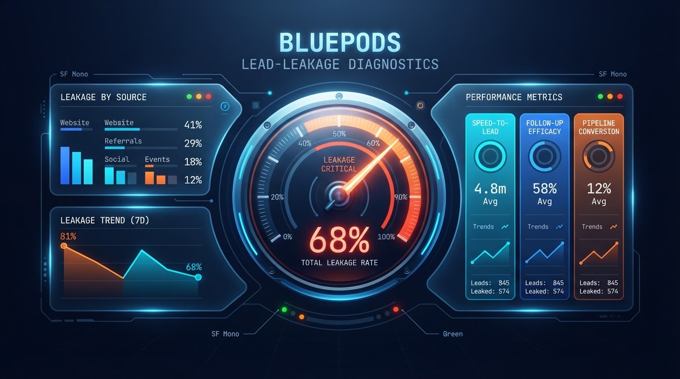 BluePods lead-leakage diagnostic dashboard mockup showing a glowing gauge, pipeline charts, and follow-up status readouts