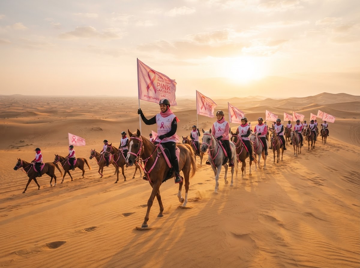 Pink Caravan riders crossing the desert carrying awareness flags