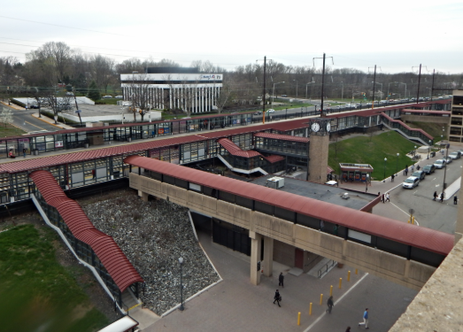 Metropark train station complex and pedestrian bridges over tracks