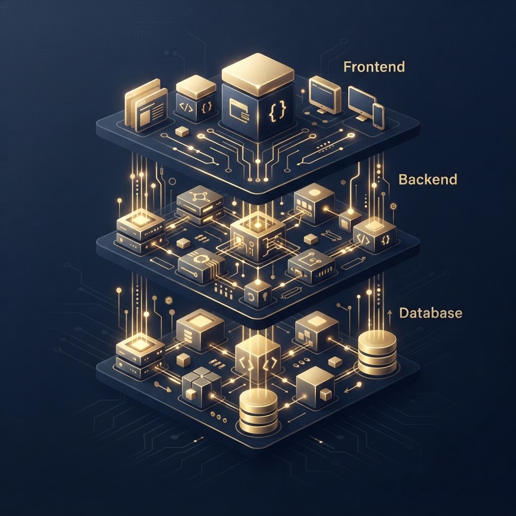 Full Stack Development — online technical programme visual for Frontend, backend and database architecture.