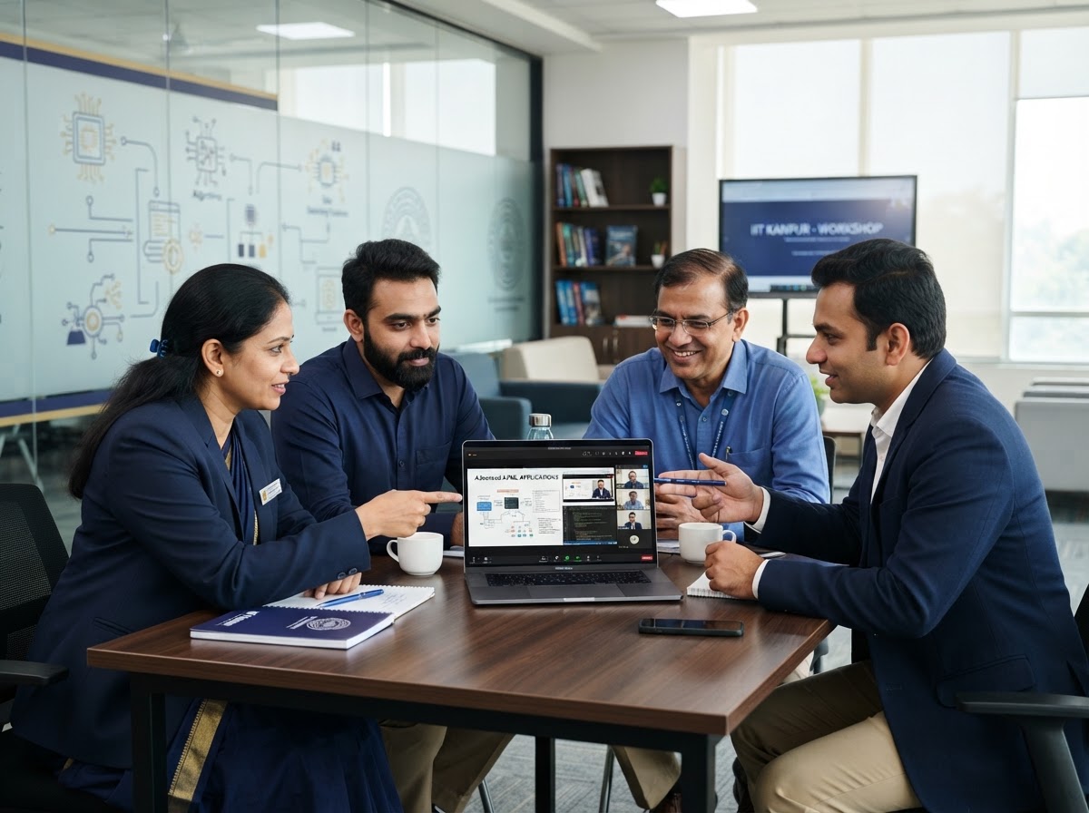 College faculty and industry trainer collaborating on an online technical programme