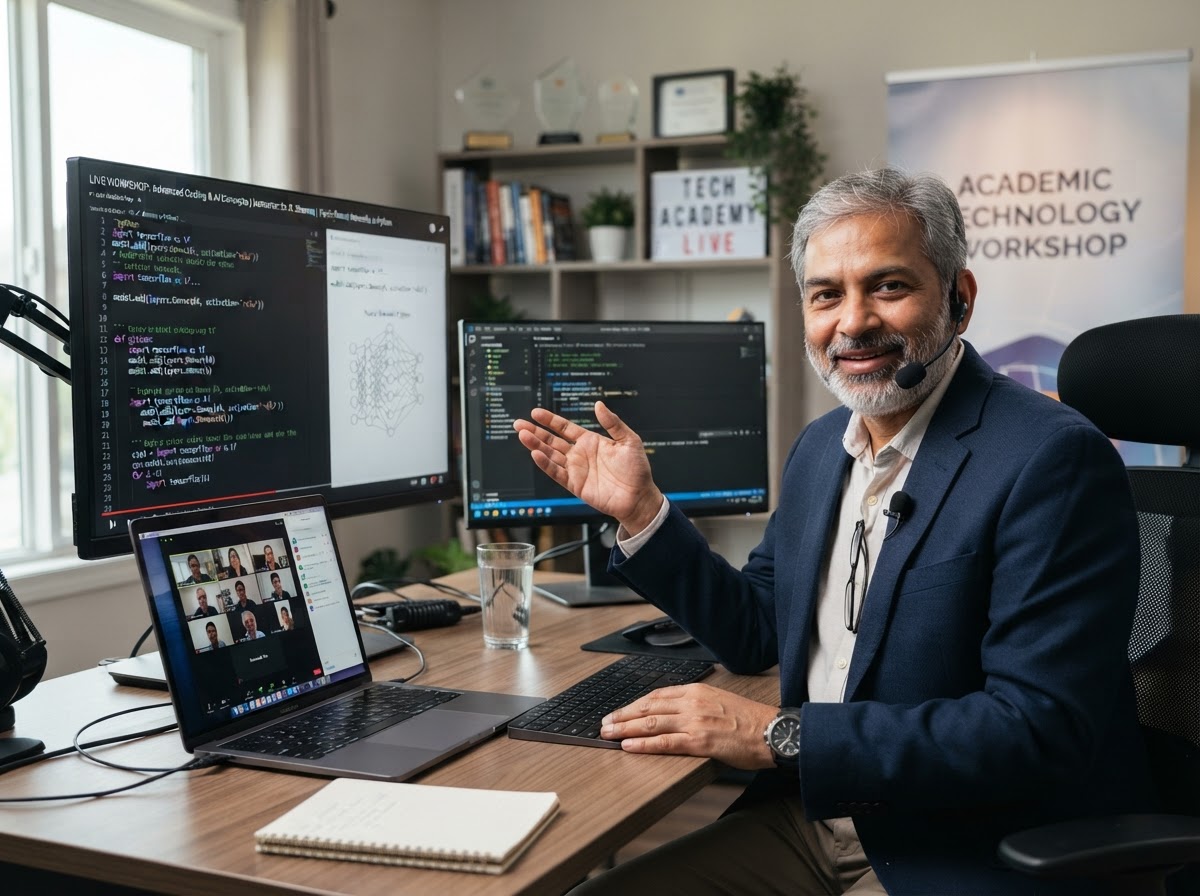 Professor conducting a live online technical workshop for college faculty
