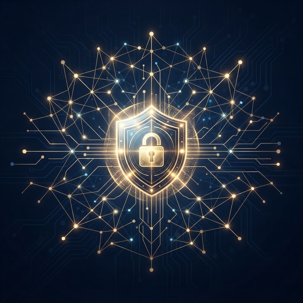 Cyber Security — online technical programme visual for Network security, threats and defense.