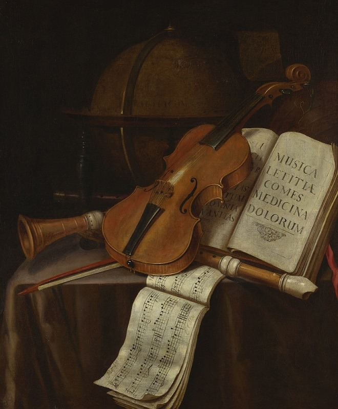 Barockes Stillleben mit historischen Instrumenten, Noten und Globus