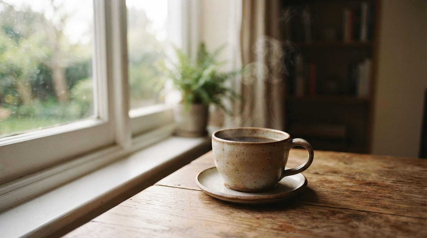 A single cup of coffee on a wooden table in soft morning light