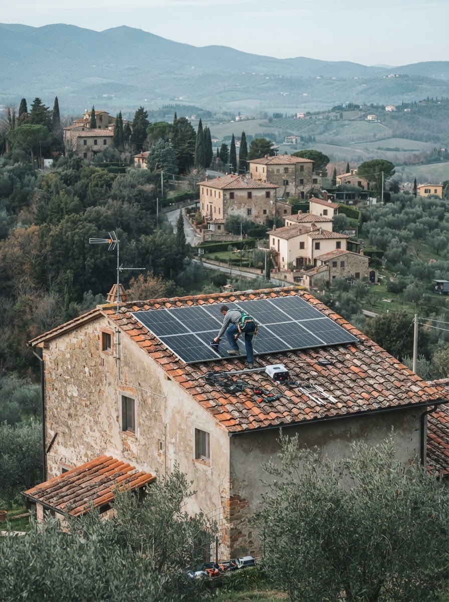 Tecnico su tetto con pannelli fotovoltaici