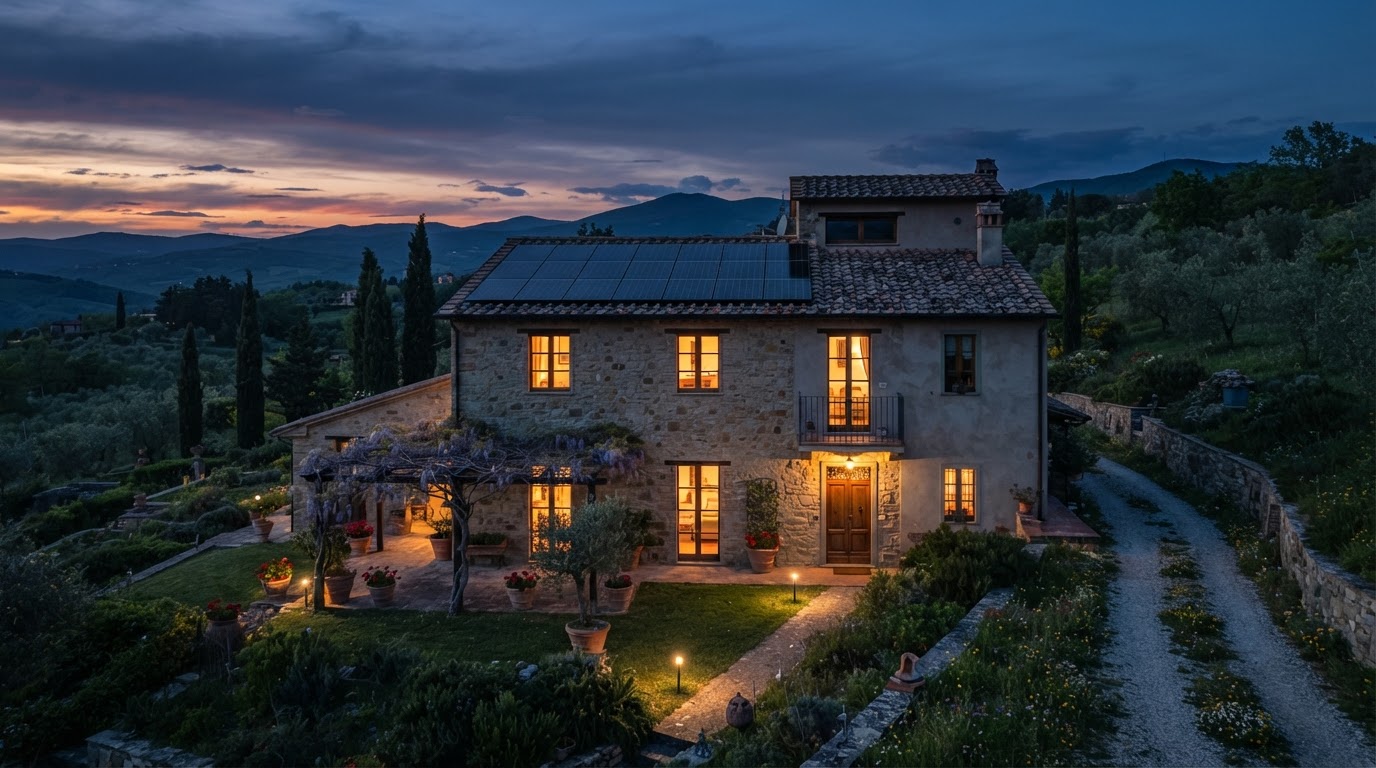 Abitazione italiana al tramonto con impianto fotovoltaico installato