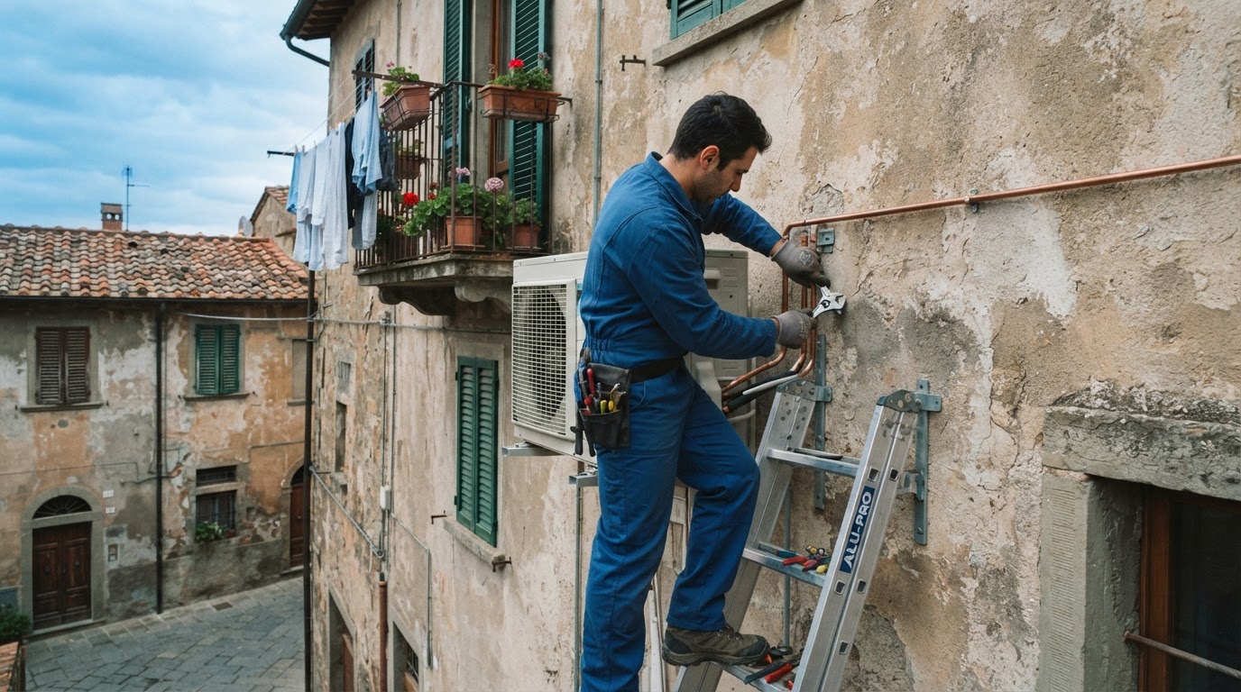 Tecnico installatore al lavoro su una pompa di calore su facciata residenziale