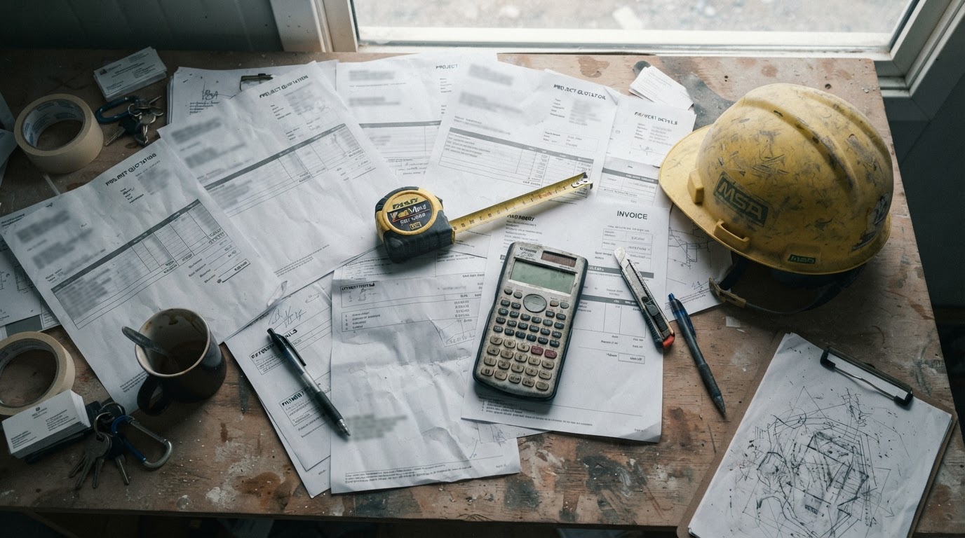 Scrivania di cantiere con preventivi cartacei