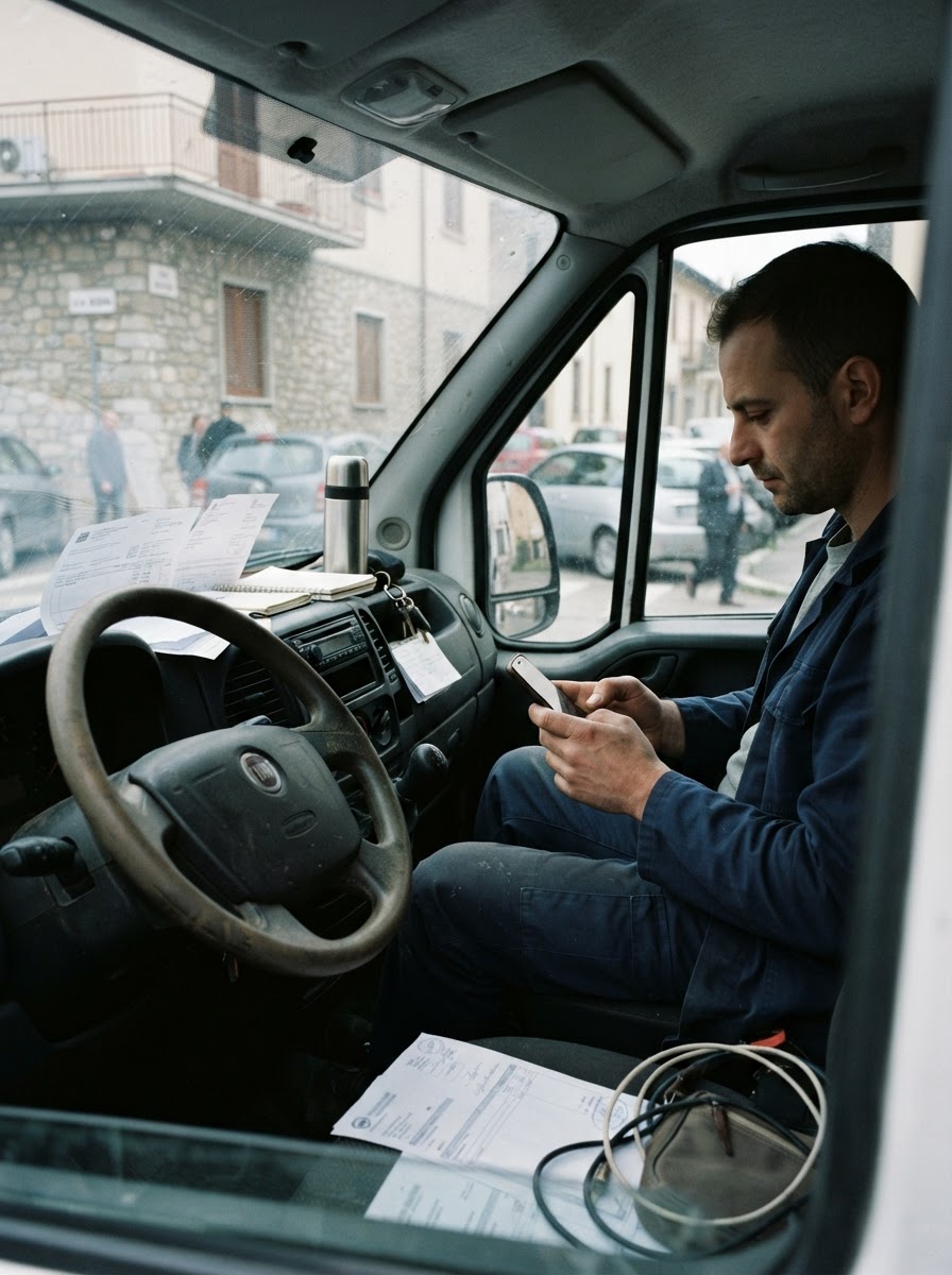 Installatore in furgone che guarda il telefono con preventivi sul cruscotto