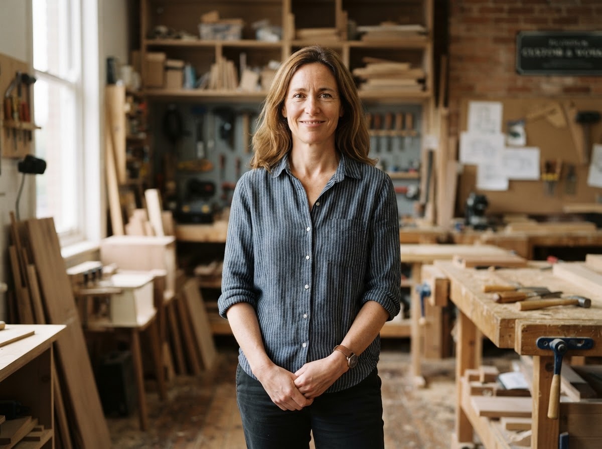 A confident small business owner standing in their workspace, focused on the work itself.