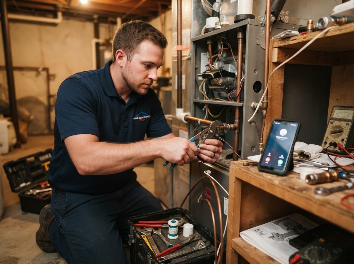 A home-service contractor actively working while an incoming customer call arrives on a nearby phone.
